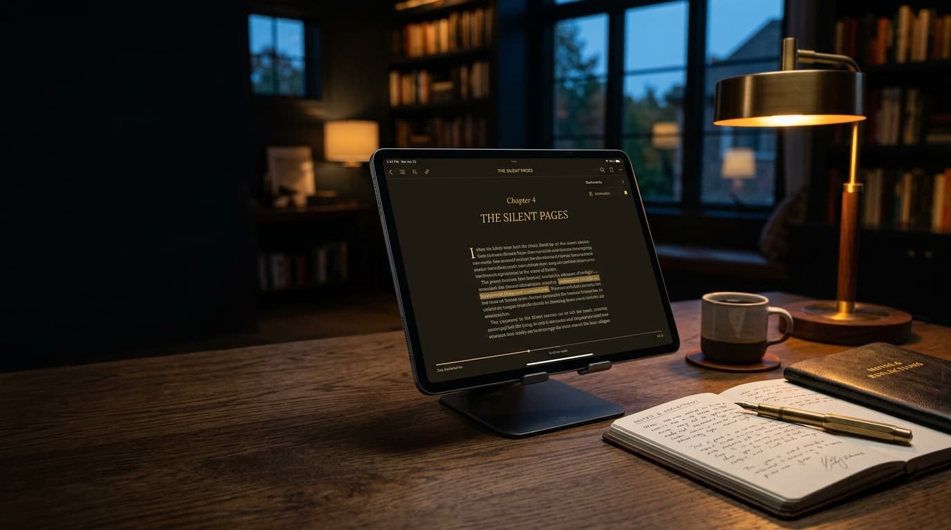 Aham eBooks digital reader edition on a focused study desk